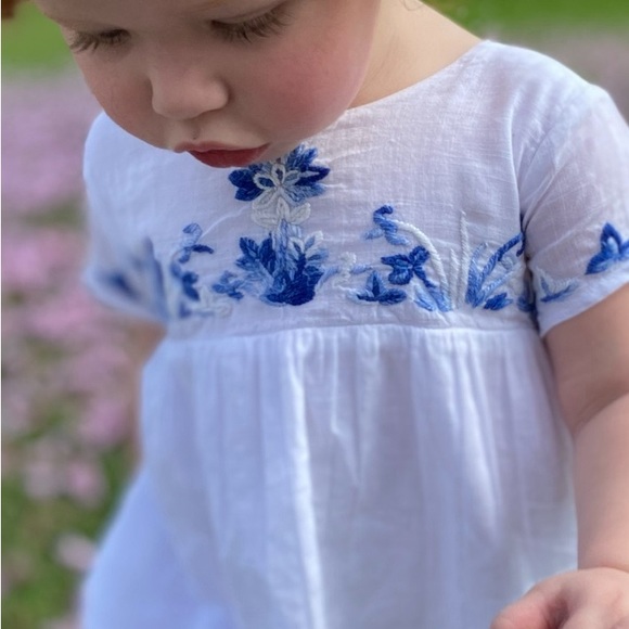 100% Roller Rabbit cotton white dress with blue embroidered flowers - Picture 10 of 12